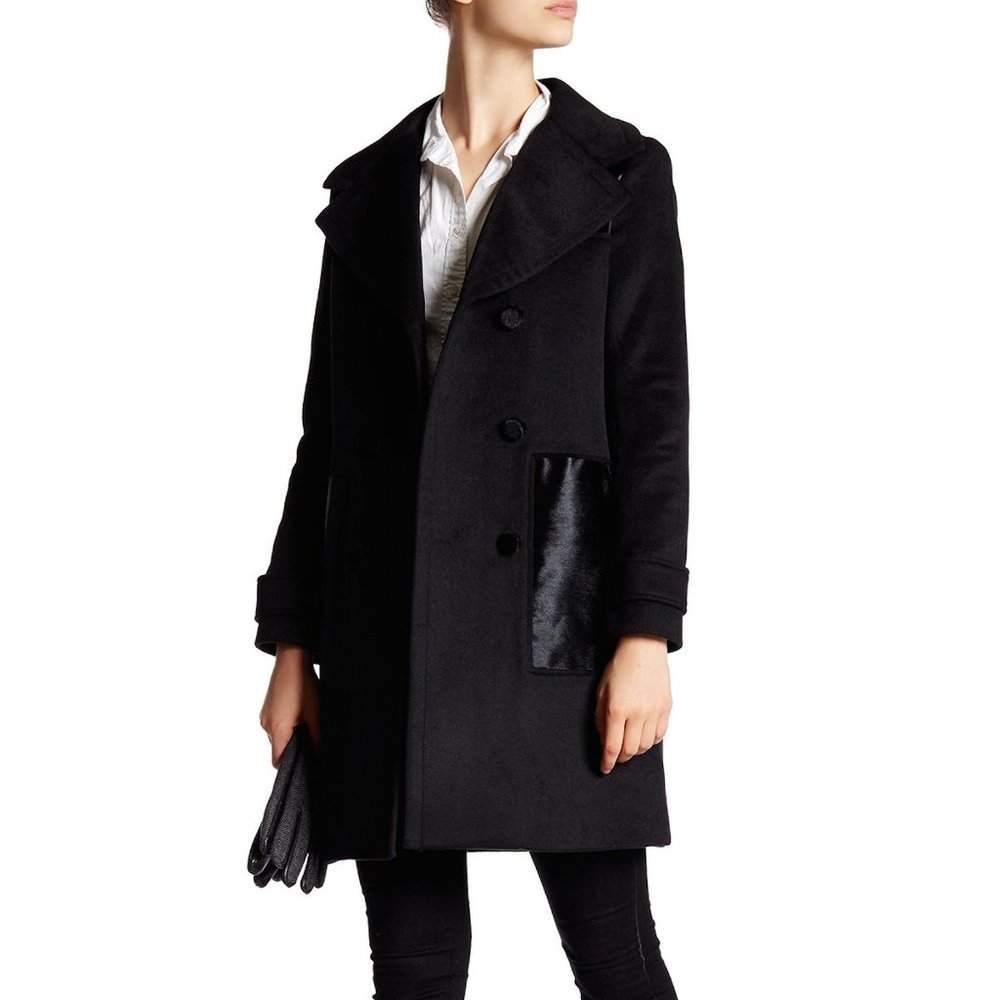 Zac Zac Posen Black Hawthorne Mid Length Genuine Calf Hair Panel Coat